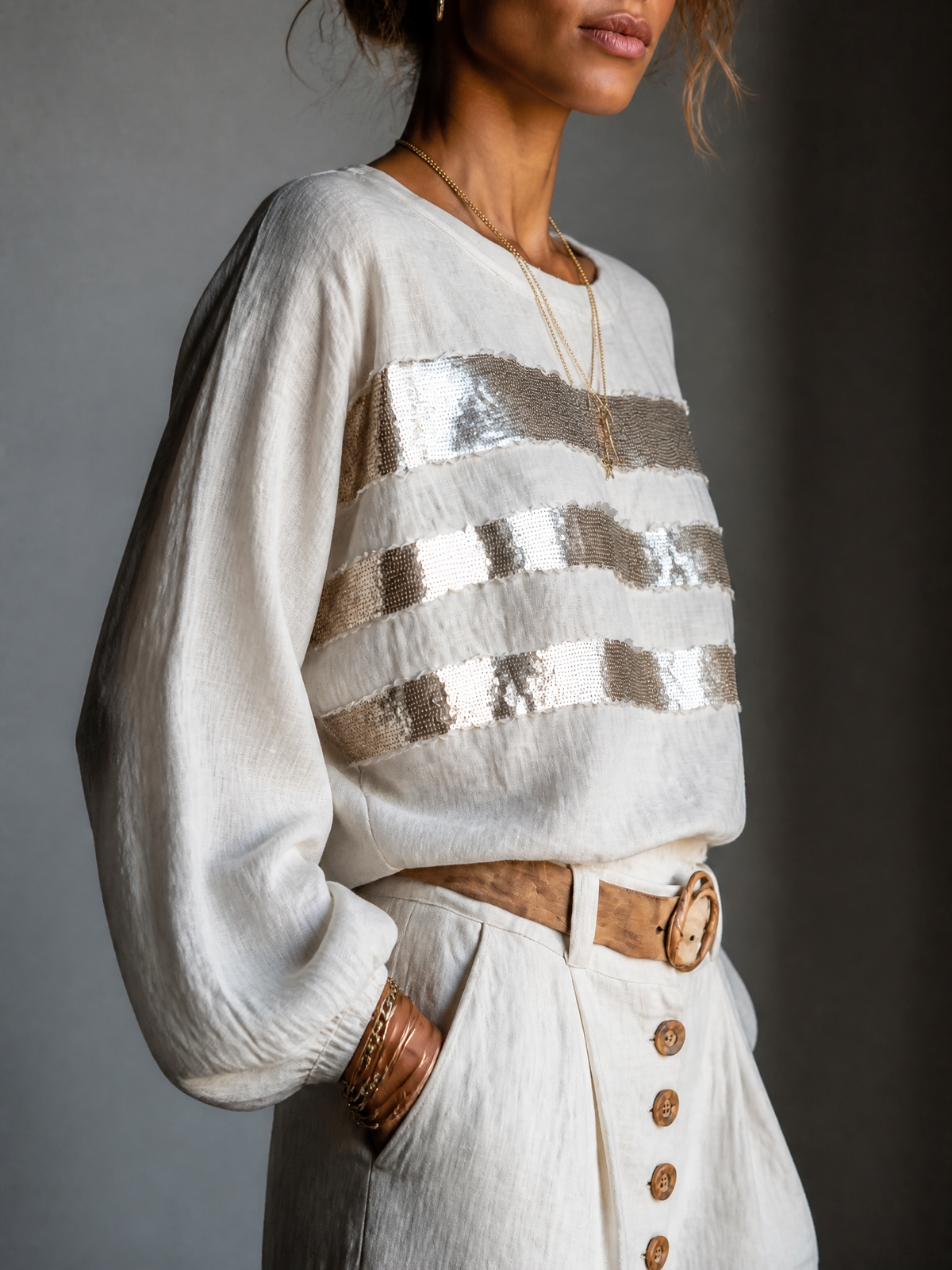Marjorie | Sequin-Stripe Long-Sleeve Top
