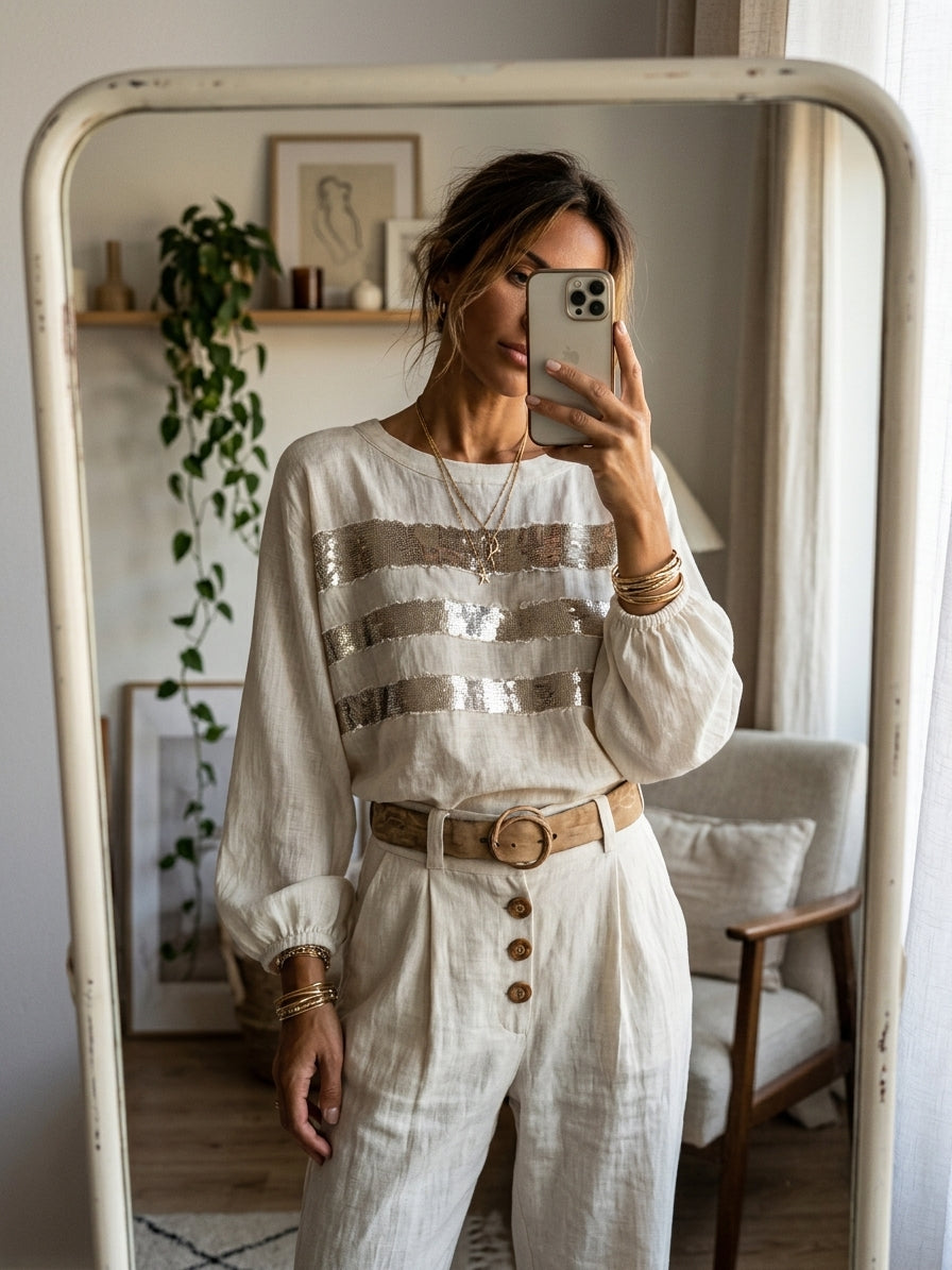 Marjorie | Sequin-Stripe Long-Sleeve Top
